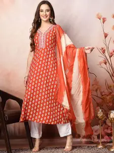 Stylum Rust Orange & Off White Floral Printed A Line Kurta With Dupatta