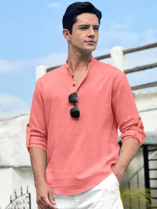 Zombom Mandarin Collar Roll-Up Sleeves Wrinkle Free Straight Short Kurta