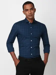Peter England Men Spread Collar Grid Tattersall Checked Cotton Slim Fit Formal Shirt