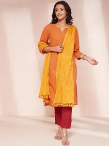 Fabindia Striped Embroidered Notched Neck Thread Work Straight Kurta With Dupatta