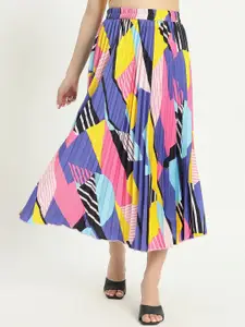 OTABU  Women's Printed A-Line Pleated Flared Maxi Skirt