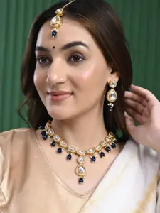 PYR FASHION Gold-Plated Stones-Studded & Beaded Necklace and Earrings With Maang Tika