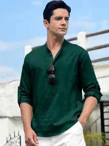 Zombom Mandarin Collar Roll-Up Sleeves Wrinkle Free Straight Short Kurta