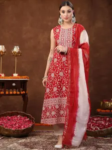 Stylum Red & White Floral Printed Mirror Work A-Line Kurta With Dupatta