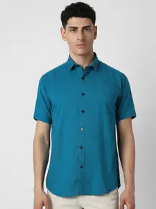 V Dot Men Spread Collar Solid Cotton Slim Fit Party Shirt