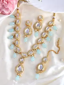 PYR FASHION Gold-Plated AD Stones-Studded & Beaded Necklace and Earrings With Maang Tika