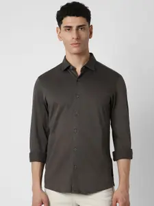 V Dot Men Spread Collar Solid Cotton Slim Fit Party Shirt