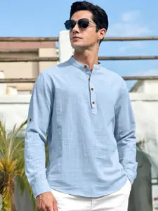 Zombom Mandarin Collar Roll-Up Sleeves Wrinkle Free Straight Short Kurta