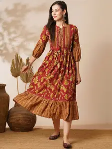 Globus Tie-Up Neck Bishop Sleeves Floral Printed Fit And Flare Midi Ethnic Dresses