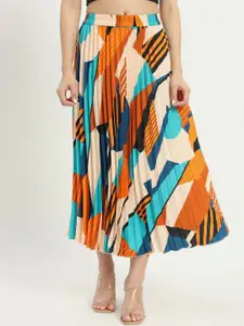OTABU Women's Printed A-Line Pleated Flared Maxi Skirt