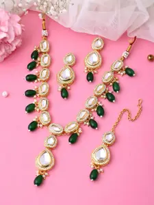 PYR FASHION Gold-Plated AD Kundan Studded & Beaded Necklace and Earrings With Maang Tika