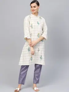 Anouk Cream Floral Embroidered Cotton A-Line Kurta