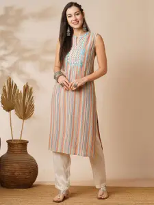 Globus Grey Striped Mandarin Collar Thread Work Straight Kurta
