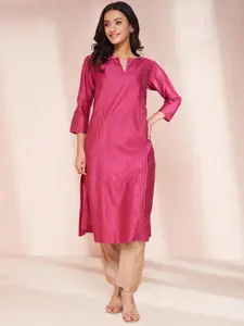 Fabindia Striped Embroidered Notched Neck Thread Work Cotton Silk Straight Kurta