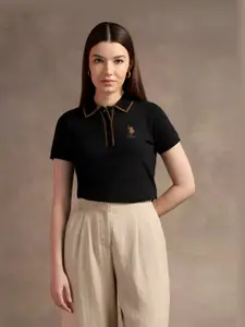 U.S. Polo Assn. Women Brand Logo Printed Polo Collar Cotton T-shirt