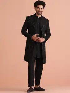 KISAH Men Embellished Regular Sequinned Kurta with Indowestern Sherwani Trouser Set