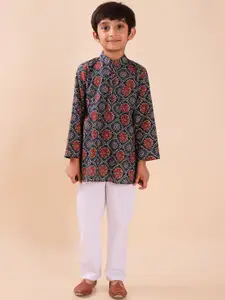 Sangria Floral Printed Mandarin Collar Pure Cotton A-Line Kurta With Pyjamas
