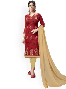 LADY SHOPI Floral Embroidered Thread Work Chanderi Cotton Unstitched Dress Material