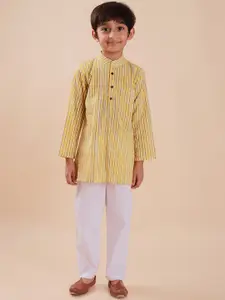 Sangria Boys Yellow Striped Mandarin Collar Pure Cotton Kurta with Pyjama