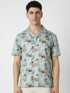 V Dot Men Cuban Collar Floral Printed Cotton Slim Fit Party Shirt