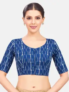 Studio Shringaar Women Ikat Printed Cotton Round Neck Short Sleeve Saree Blouse