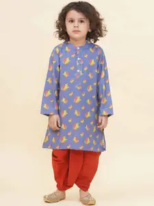 Sethukrishna Boys Floral Printed Mandarin Collar Straight Kurta With Dhoti Pants