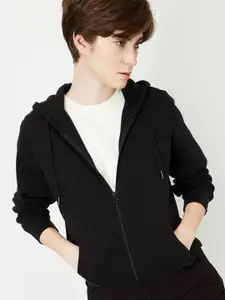 max Women Solid Front Open Hooded Sweatshirt