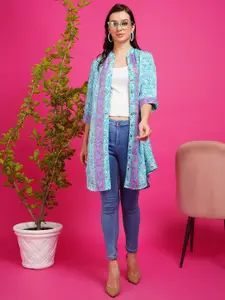 Boholyfe Floral Printed Mandarin Collar Longline Button Shrug