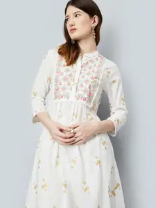 max Floral Foil Printed Pleated Mandarin Collar Embroidered A-Line Kurta