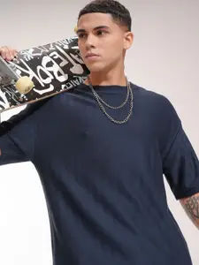 HIGHLANDER Men Self Design Round Neck Cotton Oversized T-shirt