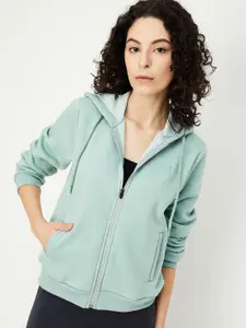 max Women Solid Front Open Hooded Sweatshirt