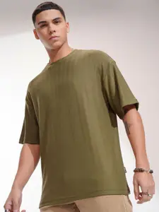 HIGHLANDER Men Self Design Round Neck Cotton Oversized T-shirt