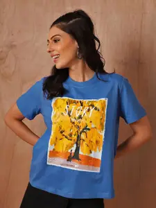 The Roadster Lifestyle Co. Women Graphic Printed Round Neck Cotton Oversized T-shirt