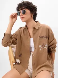 The Souled Store Women Spread Collar Floral Printed Cotton Oversized Casual Shirt