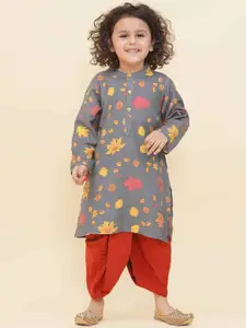 Sethukrishna Boys Floral Printed Mandarin Collar Kurta With Dhoti Pants