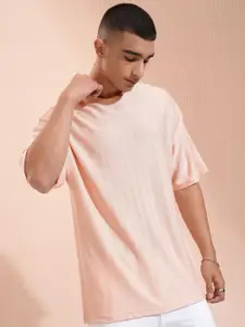 HIGHLANDER Men Self Design Round Neck Cotton Oversized T-shirt