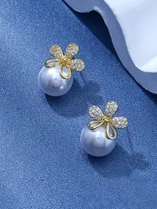 VAGHBHATT Gold Plated Pearl & Rhinestone Floral Studs