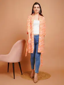 Boholyfe Floral Printed Shirt Collar Longline Open Front Shrug With Belt