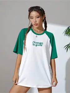 JUNEBERRY Women Typography Printed Round Neck Pure Cotton Oversized T-shirt