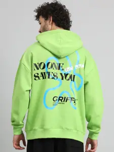 GRIFFEL Men Alphanumeric Printed Hood Fleece Pullover Sweatshirt