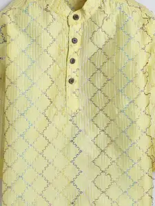 BAATCHEET Boys Embroidered Thread Work Mandarin Collar Pure Silk Kurta With Dhoti Pants