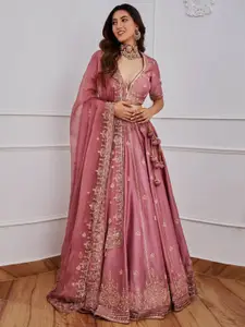 FABPIXEL Embroidered Sequinned Semi-Stitched Lehenga & Unstitched Blouse With Dupatta