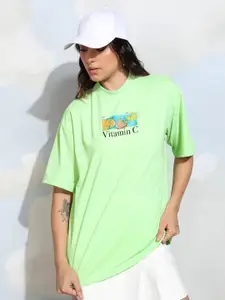 Tokyo Talkies Lime Green Oversized Typography Graphic Round Neck T-shirt