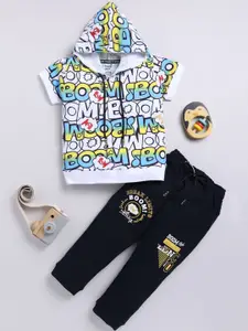 Toonyport Boys Typographic Printed Hooded Pure Cotton T-shirt with Trousers