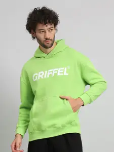 GRIFFEL Men Alphanumeric Printed Hood Fleece Pullover Sweatshirt
