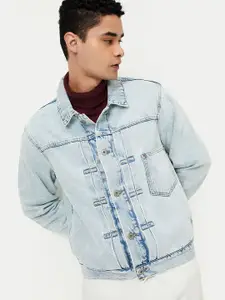 max Men Spread Collar Washed Self Design Cotton Casual Denim Jacket