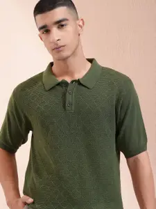 HIGHLANDER Men Self Design Polo Collar Cotton Relaxed Fit T-shirt