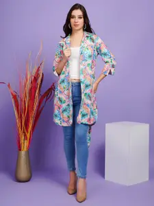Boholyfe Tropical Printed Shirt Collar Longline Open Front Shrug With Belt