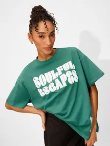 The Souled Store Women Typography Printed Round Neck Cotton Oversized T-shirt