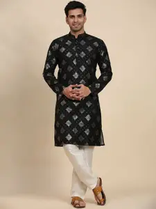 Rawayi Geometric Embroidered Sequinned Mandarin Collar Cotton Straight Kurta